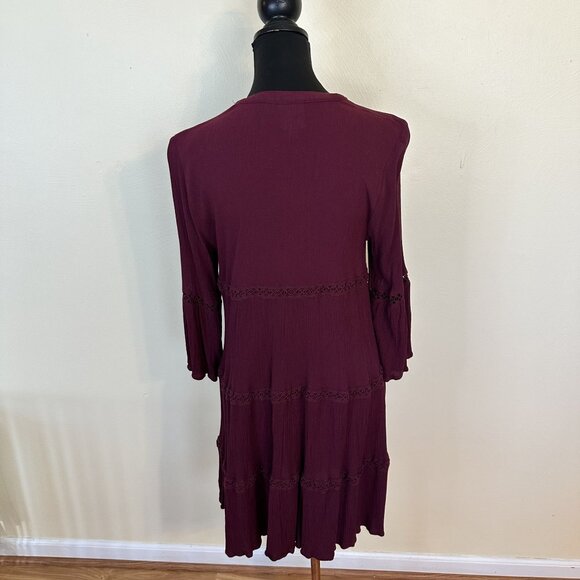 Knox Rose Womens Peasant Dress Tunic Full Button Burgundy Medium V Neck Boho - Picture 2 of 8